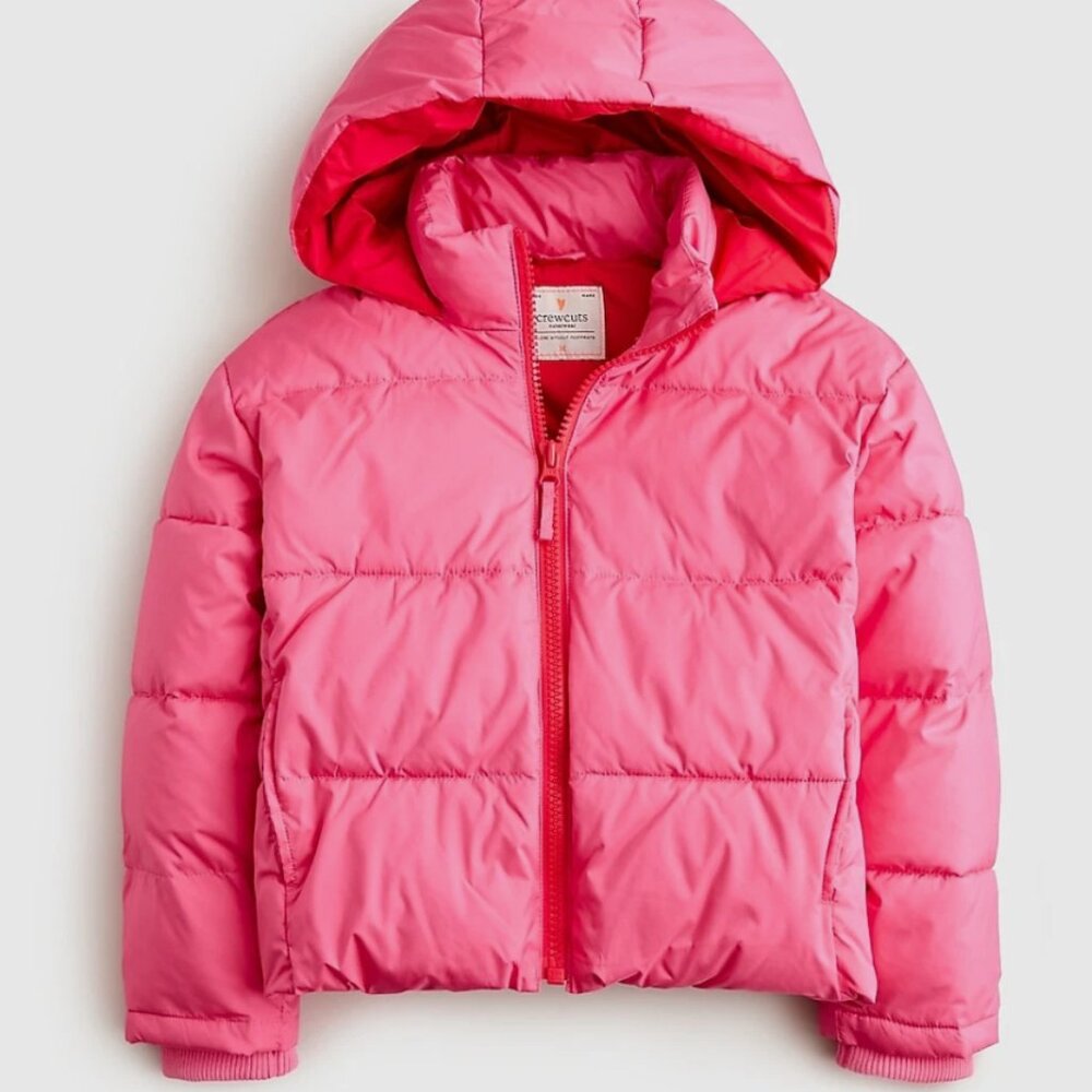 NWT J. Crew Girls' cropped puffer jacket (PrimaLoft®) -- XL, pink, hood